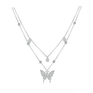 Colar Borboleta Cristal Duplo Prata